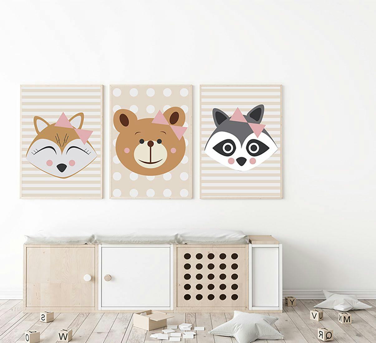 Plakat tryptyk ze zwierzętami lasu dla dzieci.