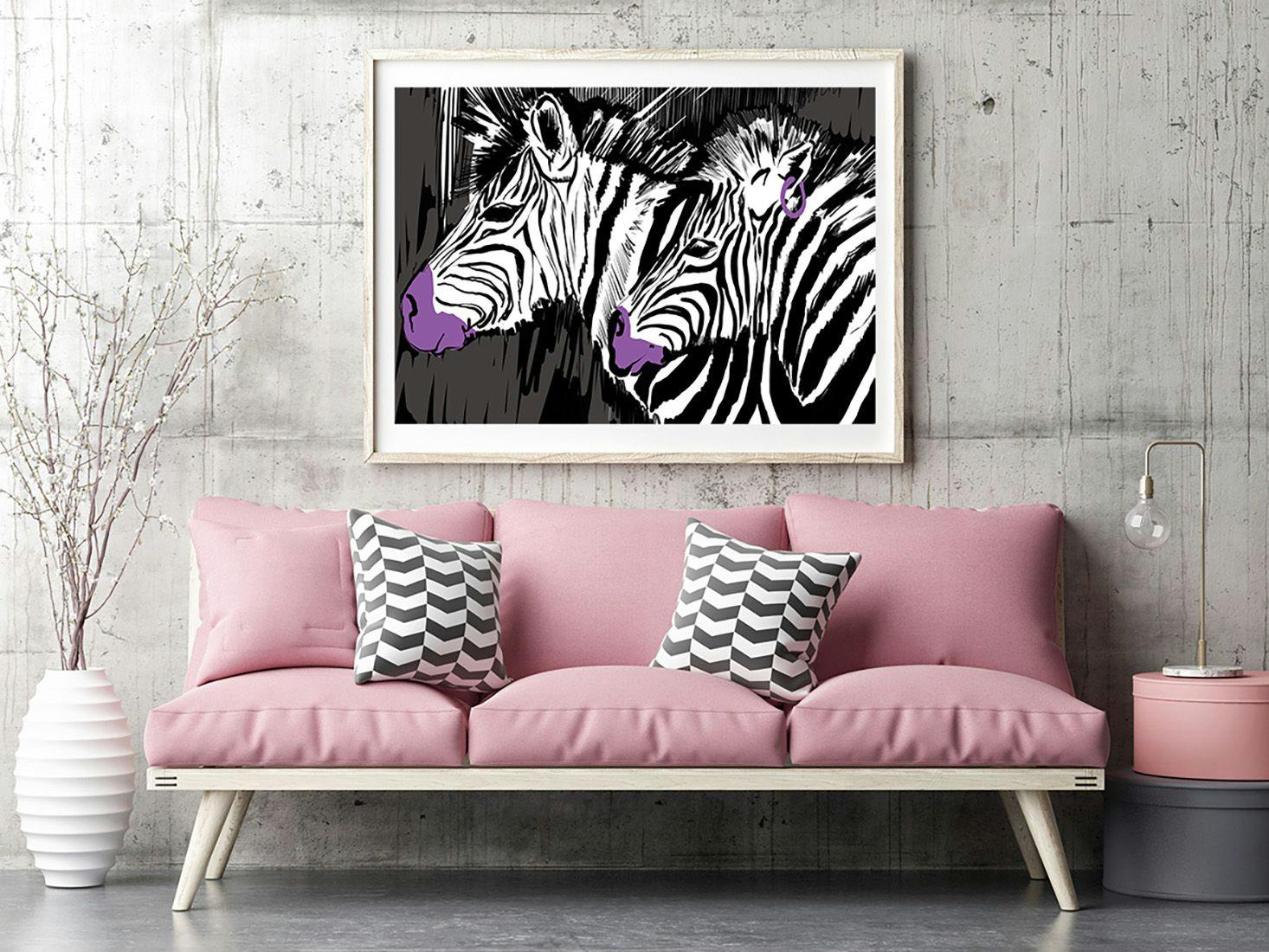 Plakat z zebrami w klasycznych kolorach.
