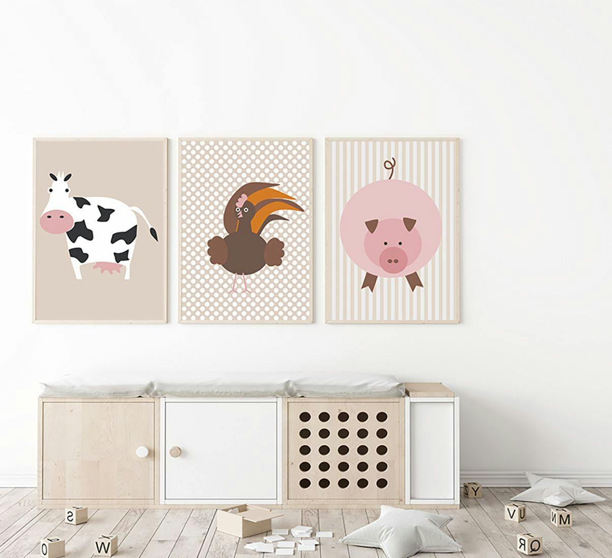 Plakat tryptyk do pokoju dziecka ze zwierzętami hodowlanymi.